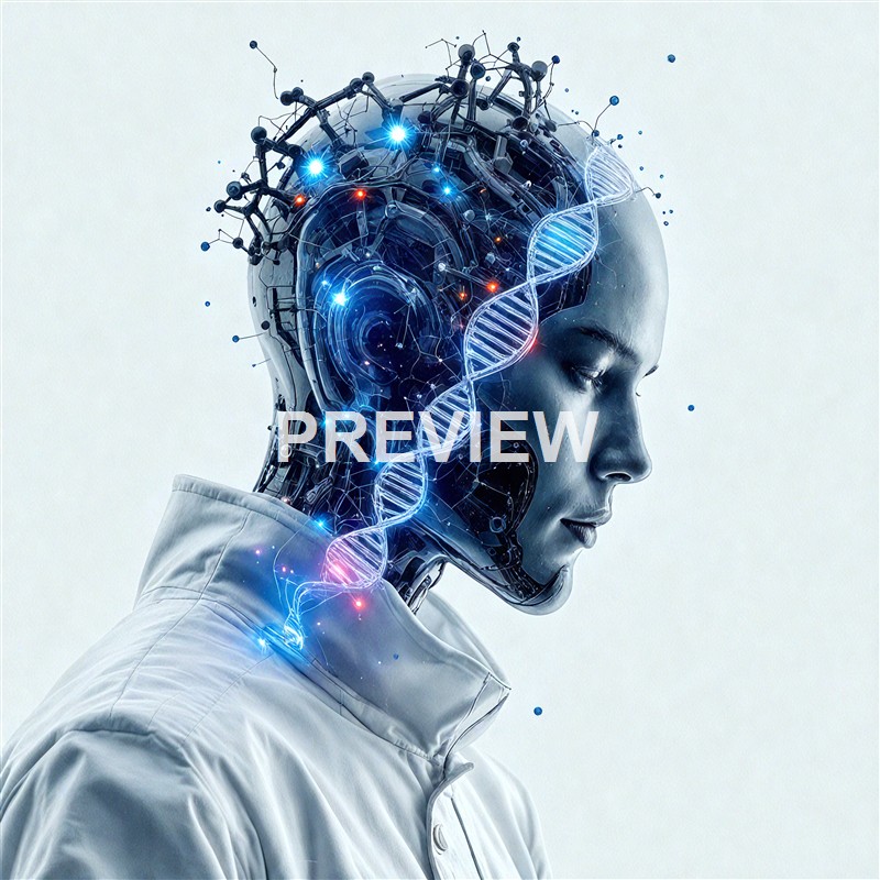 A futuristic digital art of a woman with a robotic and DNA double helix integrated into her head, featuring glowing blue and red lights, and a neutral expression.